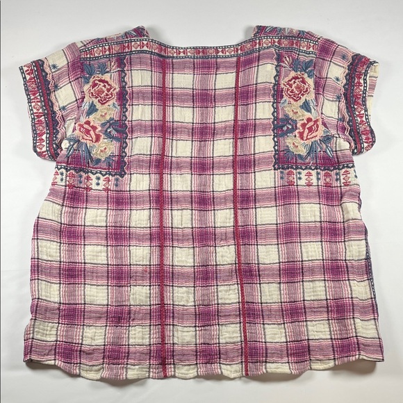 Johnny Was Womens Pink Plaid Peasant Floral Blouse Sz L - Picture 2 of 8